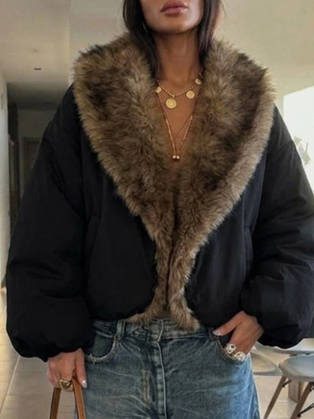 Black Party Women's Oversized Zip Shawl Collar Puffer Jacket